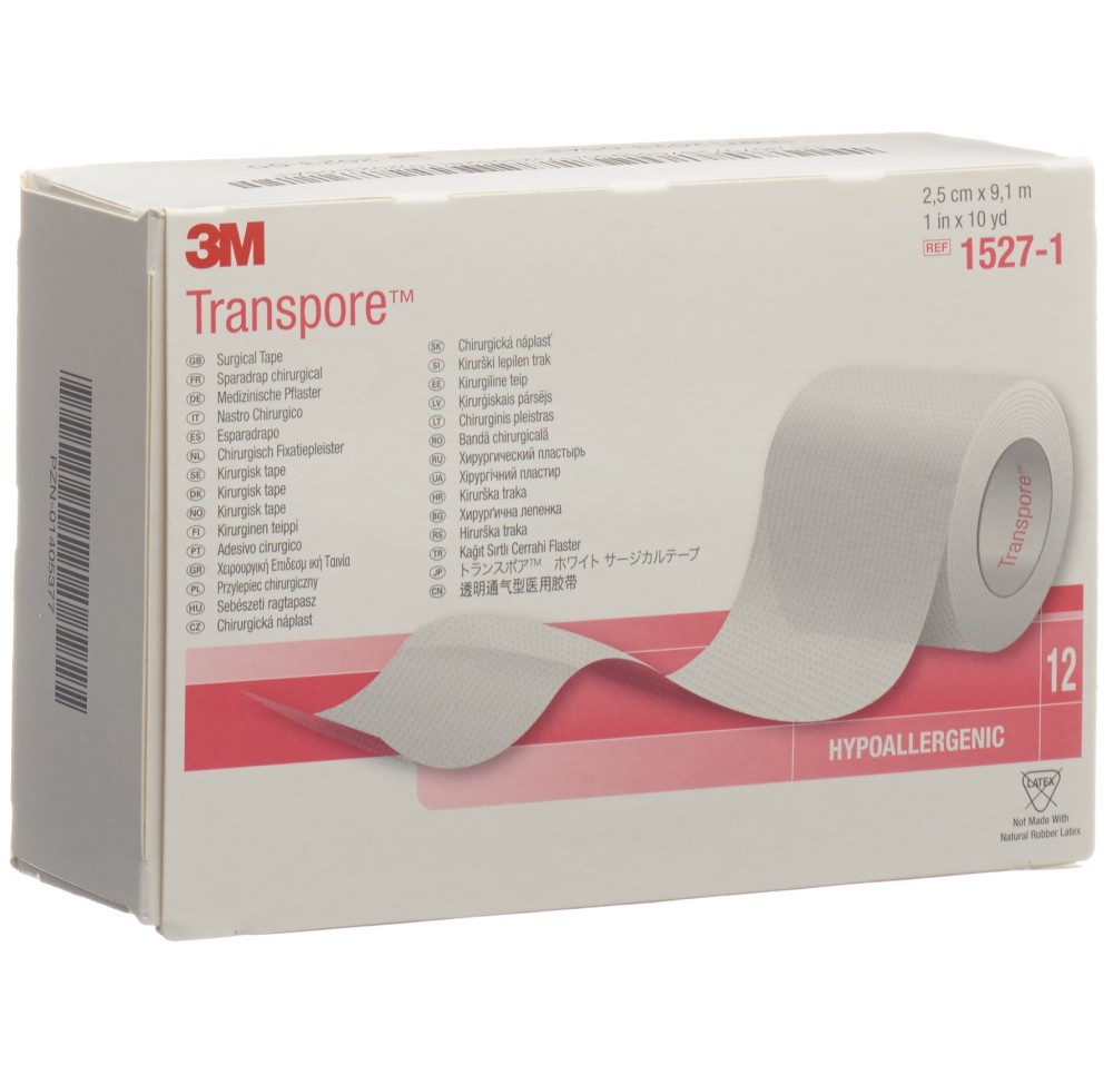 3M TRANSPORE sparadrap 25mmx9.14m transp 12 pce