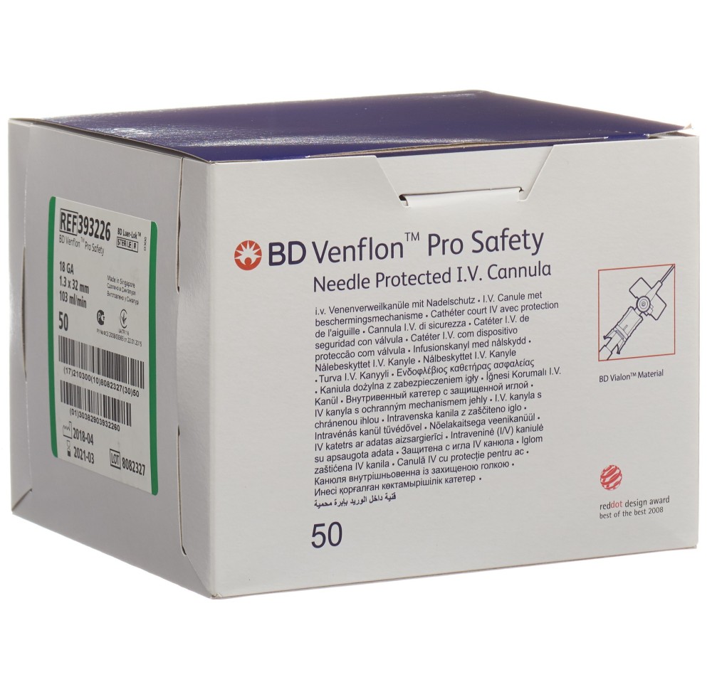 BD VENFLON pro safety 18G 1.3x32mm vert 50 pce