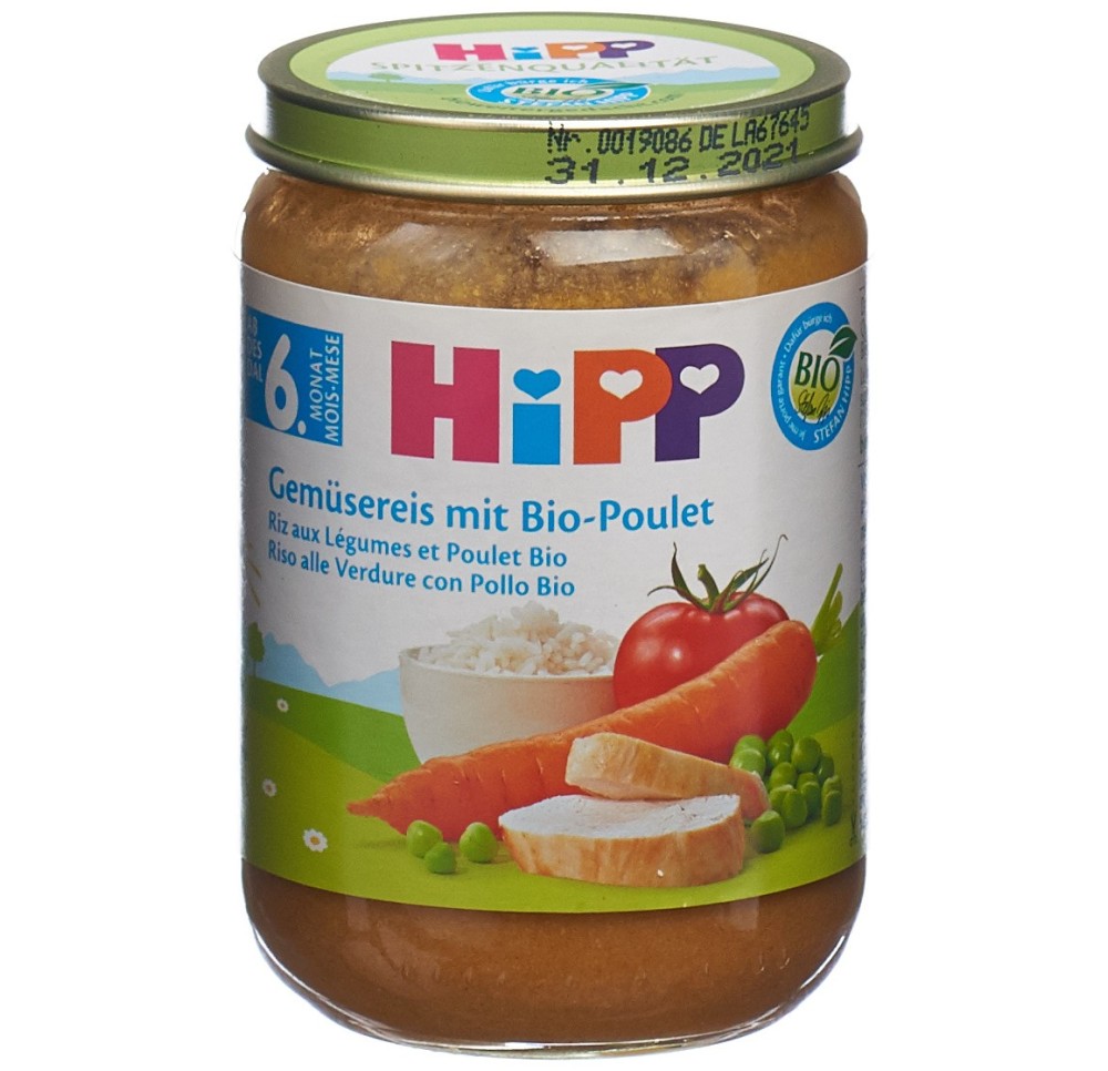 HIPP riz aux légumes et poulet bio verre 190 g