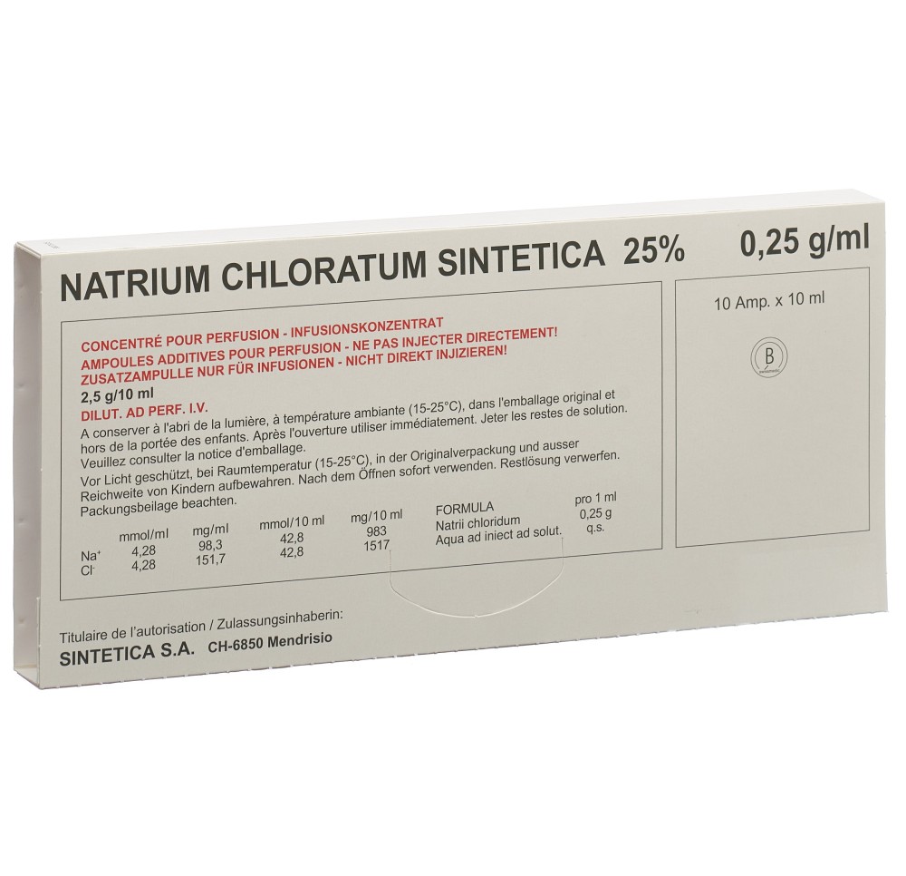 NACL Sintetica conc perf 25 % 10ml amp 10 pce